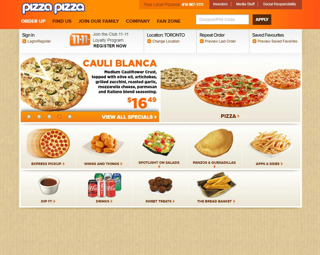 Screenshot showing the Pizza Pizza website.