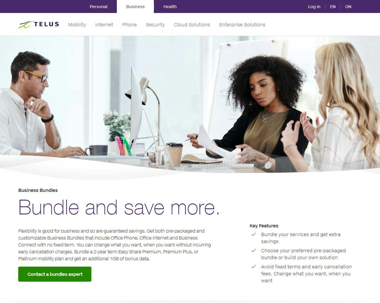 Screenshot showing the TELUS Business website.